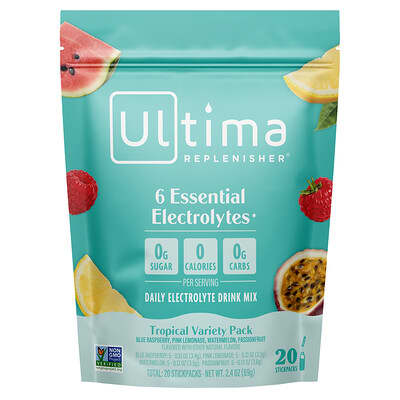 6 Essential Electrolytes, Daily Electrolyte Drink Mix, Tropical Variety Pack, 20 Stickpacks, 2.4 oz (69 g)