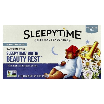 Celestial Seasonings Чай Wellness Tea, Sleepytime® Biotin Beauty Rest™, без кофеина, 18 пакетиков, 0.75 oz (21 g)