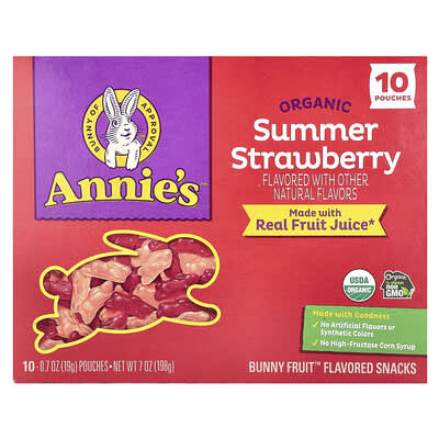 Органические фруктовые снеки Organic Bunny Fruit Summer Strawberry, 10 пакетиков, 0.7 oz (19 g) каждый