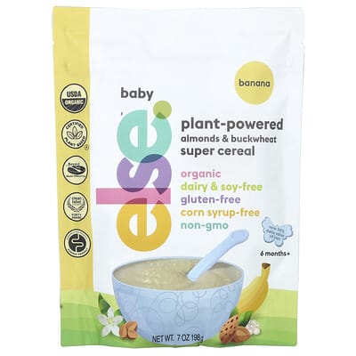 Детская каша Else Baby, Plant-Powered Almonds & Buckwheat Super Cereal, 6 Months+, Banana, 7 oz (198 g)