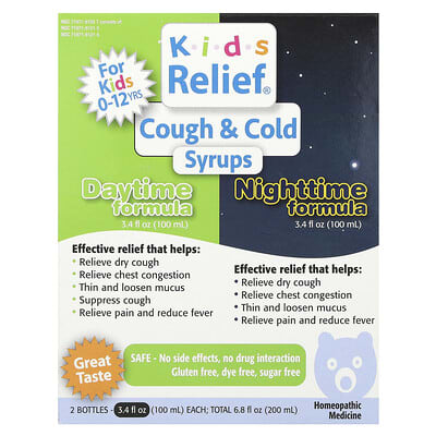 Kids Relief®, Cough & Cold Syrups, Daytime & Nighttime Formula, 0-12 Yrs, 2 Bottles, 3.4 fl oz (100 ml) Each
