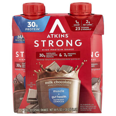 Atkins высокобелковый коктейль, молочный шоколад, 4 шт., 11 fl oz (325 ml) каждый