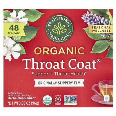 Organic Throat Coat®, Original with Slippery Elm, Caffeine Free, 48 Wrapped Tea Bags, 3.38 oz (96 g)