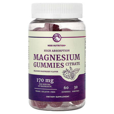Nobi Nutrition Magnesium Citrate Gummies, High Absorption, Raspberry, 60 мармеладных добавок (85 mg per Gummy)