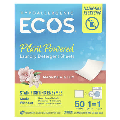 Ecos®, Plant Powered Laundry Detergent Sheets, Magnolia & Lily, 50 Sheets