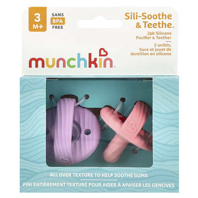 Sili-Soothe & Teethe™, Silicone Pacifier & Teether, 3 Months+, Light Pink & Light Purple, 2 Count
