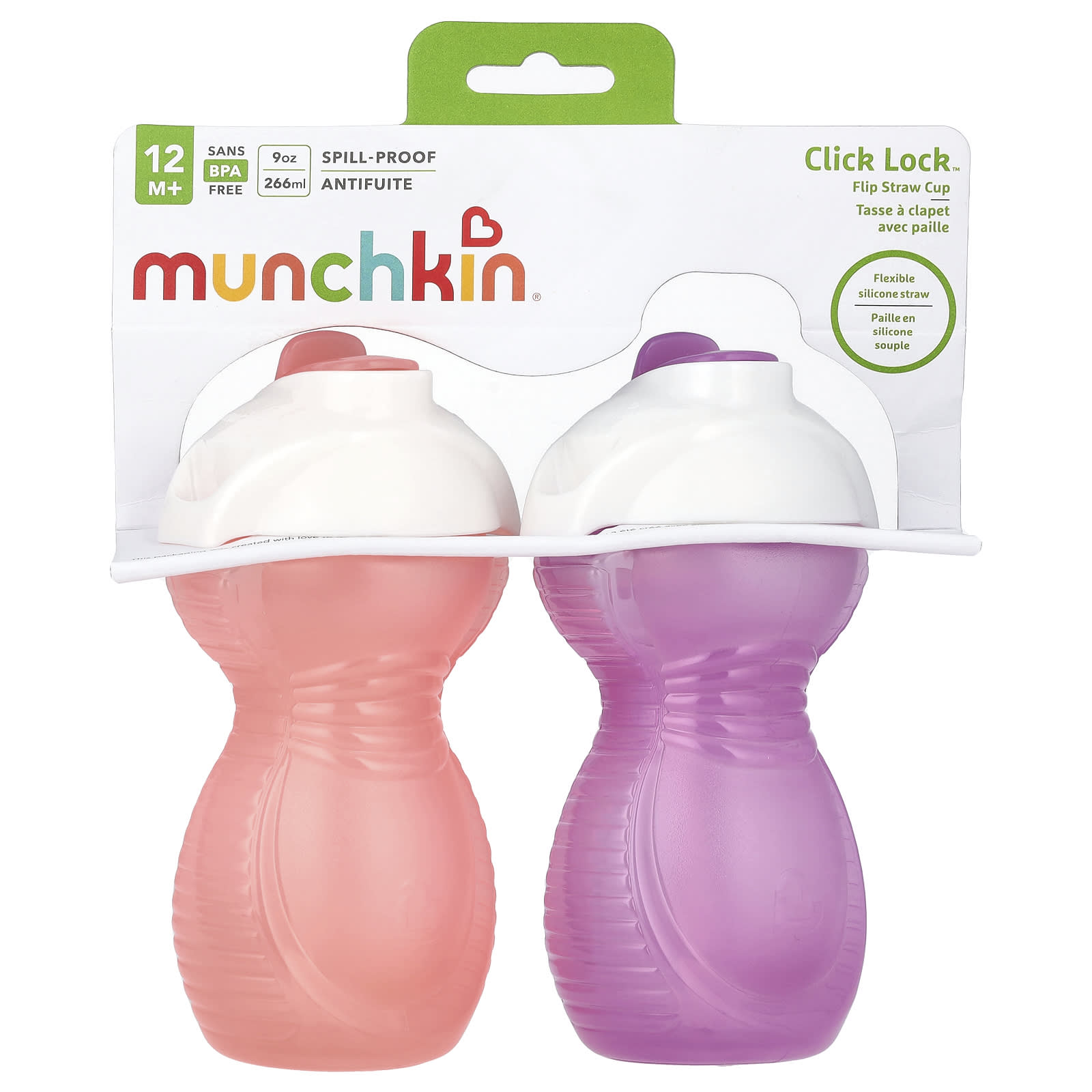 Click Lock™, Flip Straw Cup, 12 Months+, Light Pink & Light Purple, 2 Count, 9 oz (266 ml) Each