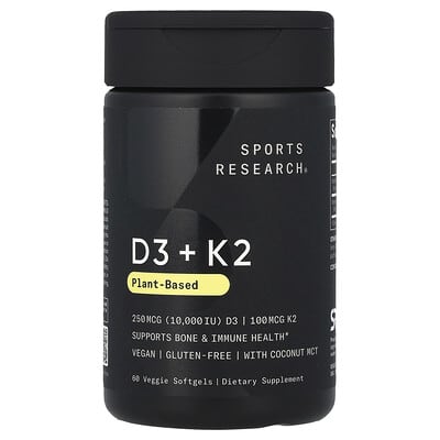 D3 + K2, Plant-Based, 250 mcg/100 mcg, 60 Veggie Softgels