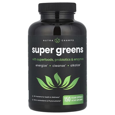 Суперфуды NutraChamps Super Greens с пробиотиками и ферментами, 150 веганских капсул