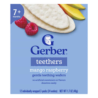 Teethers, Gentle Teething Wafers, 7+ Months, Mango Raspberry, 12 Individually Wrapped 2-Packs, 0.14 oz (4 g) Each