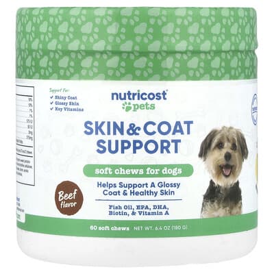 Pets, Skin & Coat Support, For Dogs, Beef, 60 Soft Chews, 6.4 oz (180 g)