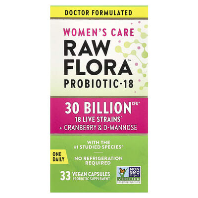 Women's Care, Raw Flora® Probiotic-22 With Cranberry & D-Mannose, 33 Delayed Release Vegan Capsules