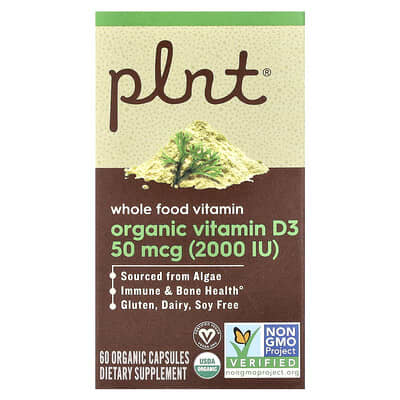 Plnt Органические витамины D3, 50 mcg (2,000 IU), 60 органических капсул
