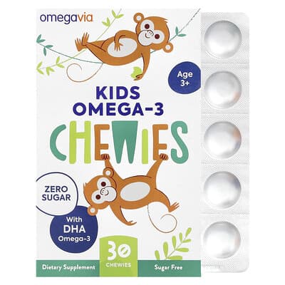 Детские жевательные витамины Omega-3, возраст 3+, натуральный фруктовый вкус, 30 штук