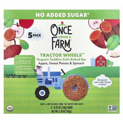 Once Upon A Farm Tractor Wheels™, Organic Toddler Soft-Baked Bar, Apple, Sweet Potato & Spinach, 5 шт, 0.67 oz (19 g) каждый