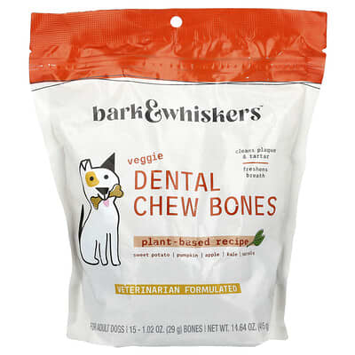 Bark & Whiskers™, Dental Chew Bones, For Adult Dogs, Veggie, 15 Bones, 1.02 oz (29 g) Each