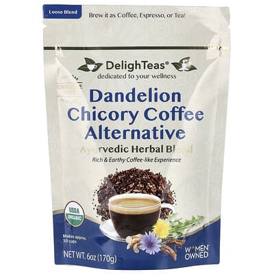 DelighTeas Аюрведическая травяная смесь, альтернатива кофе из одуванчика и цикория, без кофеина, 6 oz (170 g)