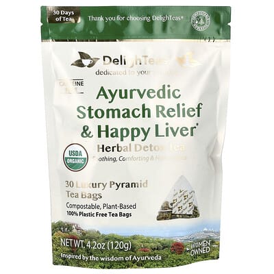 Ayurvedic Stomach Relief & Happy Liver, Herbal Detox Tea, Caffeine Free, 30 Luxury Pyramid Tea Bags, 4.2 oz (120 g)