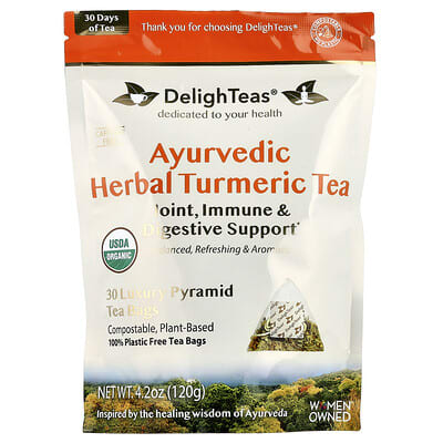 Ayurvedic Herbal Turmeric Tea, Caffeine Free, 30 Luxury Pyramid Tea Bags, 4.2 oz (120 g)