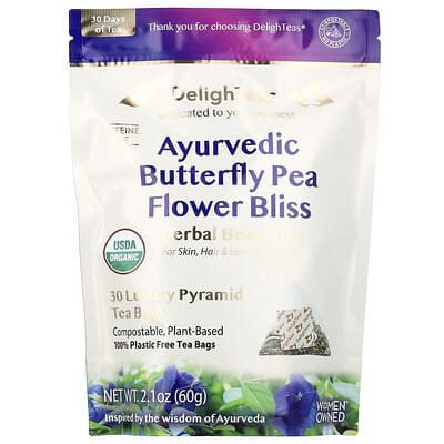 Ayurvedic Butterfly Pea Flower Bliss, Herbal Beau-Tea, Caffeine Free, 30 Luxury Pyramid Tea Bags, 2.1 oz (60 g)