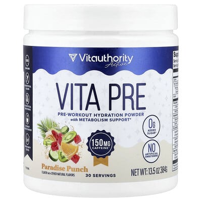 Active, Vita Pre, Pre-Workout Hydration Powder, Paradise Punch, 13.5 oz (384 g)