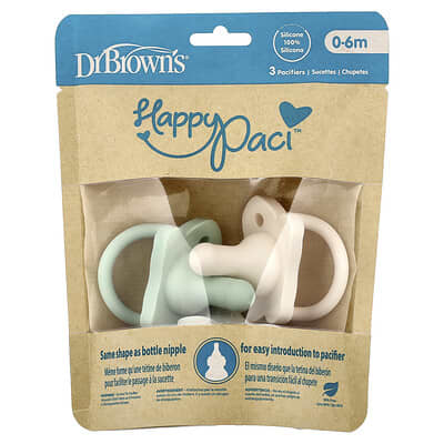 HappyPaci™ Pacifier, 0-6 Months, Green, Grey & Ecru, 3 Count