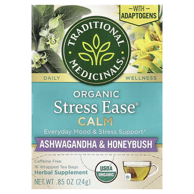 Органический чай Organic Stress Ease® Calm, Ашваганда и Гуммиашник, без кофеина, 16 пакетиков, 0.85 oz (24 g)