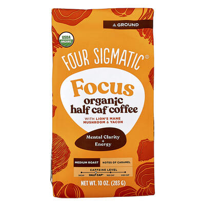 Focus, Organic Half Caf Coffee with Lion's Mane Mushroom & Yacon, Ground, Medium Roast, 10 oz (283 g)