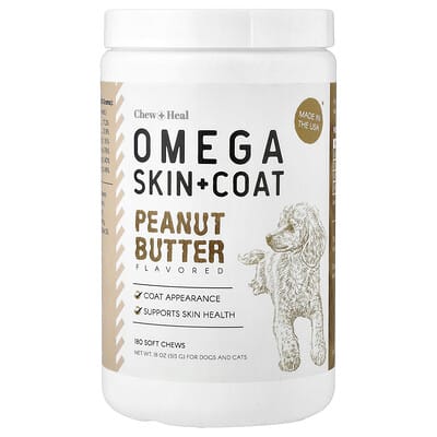 Omega Skin + Coat, For Dogs and Cats, Peanut Butter , 180 Soft Chews, 18 oz (513 g)
