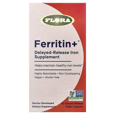 Ferritin +®, 30 веганских капсул с замедленным высвобождением (20 мг на капсулу)