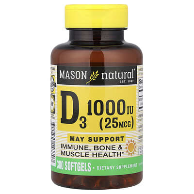 Витамин D3, 25 mcg (1,000 IU), 300 Softgels