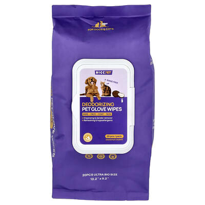 Deodorizing Pet Glove Wipes, For Dogs & Cats, Coconut, 20 Pieces