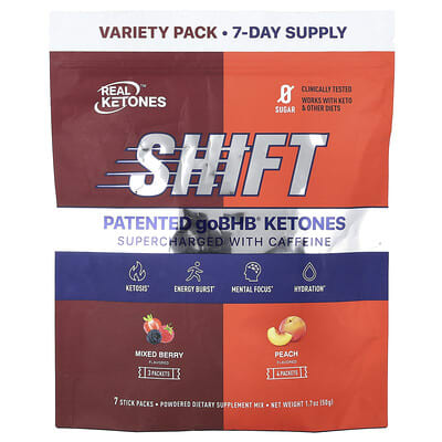 Real Ketones Shift напиток с кофеином, ассорти, смесь ягод и персика, 7 стиков по 0.26 oz