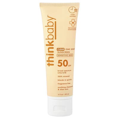 Think Baby®, Clear Zinc Oxide Sunscreen, Sensitive Skin, SPF 50, Fragrance Free, 3 fl oz (89 ml)