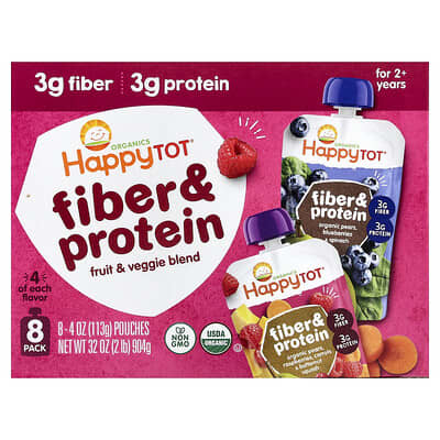 Happy Tot®, Fiber & Protein, For 2+ Years, Variety Pack, 8 Pouches, 4 oz (113 g) Each