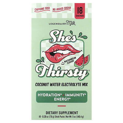 She's Thirsty®, Coconut Water Electrolyte Mix, Watermelon (Box), 18 Stick Packs, 0.28 oz (7.8 g) Each