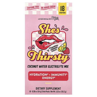 She's Thirsty®, Coconut Water Electrolyte Mix, Strawberry Lemonade (Box), 18 Stick Packs, 0.3 oz (8.4 g) Each