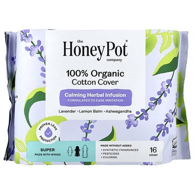 Organic Calming Herbal Infusion, Pads with Wings, Super, 16 Count