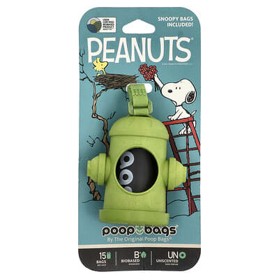 Peanuts®, Bag Dispenser, Green, Snoopy Bags, Unscented, 1 Dispenser, 15 Bags