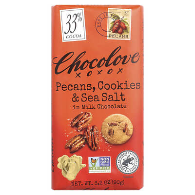 Шоколад Chocolove с пеканом, печеньем и морской солью, 33% какао, 3.2 oz (90 g)