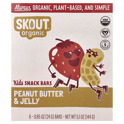 Kids Snack Bars, Peanut Butter & Jelly, 6 Bars, 0.85 oz (24 g) Each