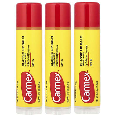 Classic Lip Balm, Medicated, SPF 15, 3 Sticks, 0.15 oz (4.25 g) Each