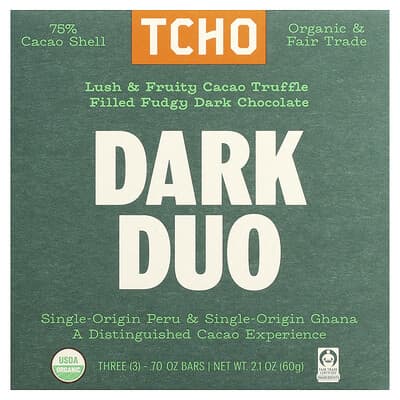 Dark Duo, Cacao Truffle Filled Fudgy Dark Chocolate, 75% Cacao Shell, 3 Bars, 0.70 oz Each