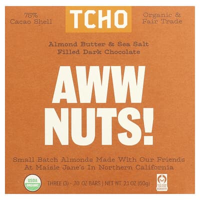 Aww Nuts!, Almond Butter & Sea Salt Filled Dark Chocolate, 75% Cacao Shell, 3 Bars, 0.70 oz Each