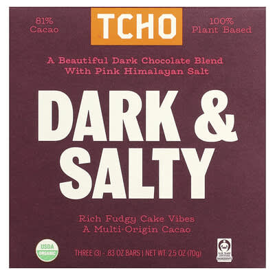 Шоколад TCHO Dark & Salty Dark Chocolate with Pink Himalayan Salt 81% Cacao 3 Bars 0.83 oz Each
