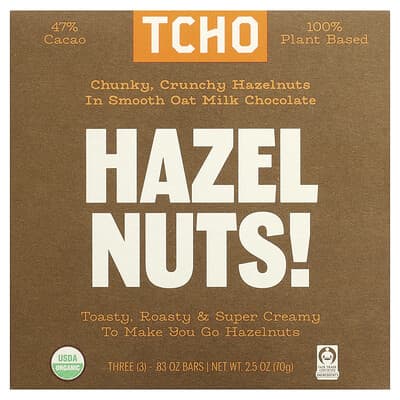 Hazel Nuts, Smooth Oat Milk Chocolate, 47% Cacao, 3 Bars, 0.83 oz Each