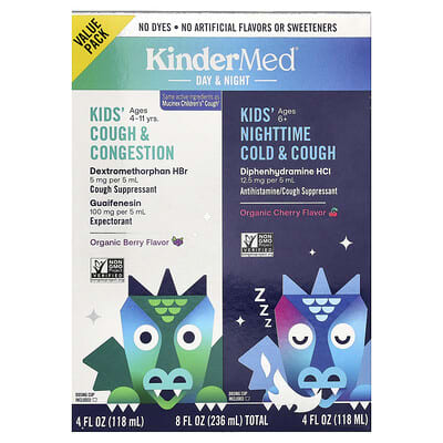 Детские средства KinderMed® Day & Night от кашля и заложенности носа, 2 флакона по 4 fl oz (118 ml)