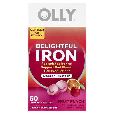 OLLY Delightful Iron, жевательные таблетки с фруктовым пуншем, 60 шт., для возраста 4+