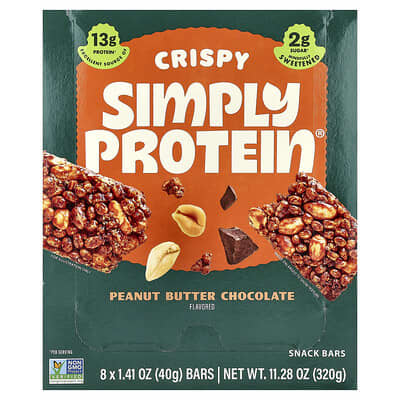 Simply Protein хрустящие протеиновые батончики, арахисовый шоколад, 8 шт, 1.41 oz (40 g) каждый