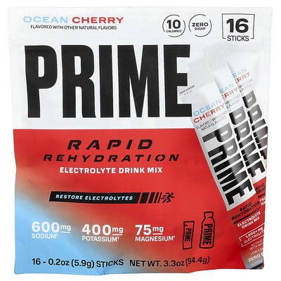 Напиток Prime Hydration Rapid Rehydration, Electrolyte Drink Mix, Ocean Cherry, 16 Sticks, 0.2 oz (5.9 g) Each